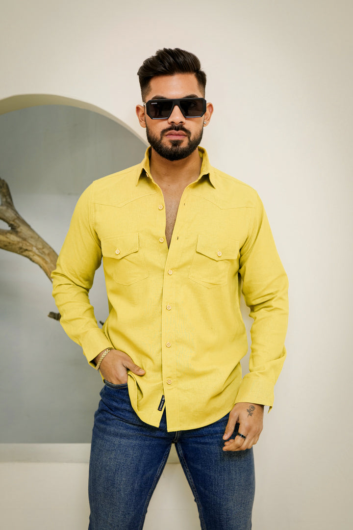 Linen Cotton Double Pocket Designer Shirt-Royal Yellow