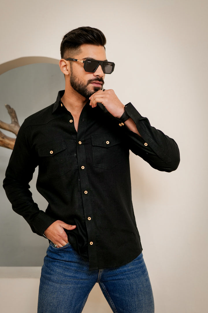 Linen Cotton Double Pocket Designer Shirt- Black