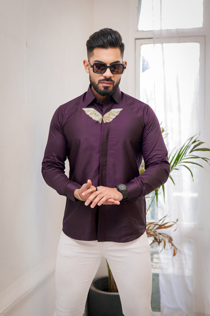 Dirty Purple Wings Embroidered Textured Designer Shirt