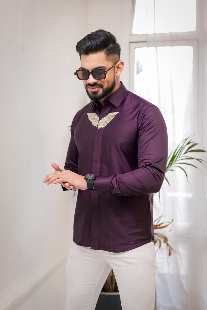 Dirty Purple Wings Embroidered Textured Designer Shirt