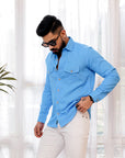 Linen Cotton Double Pocket Designer Shirt-Maya blue