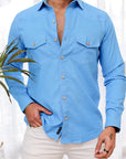 Linen Cotton Double Pocket Designer Shirt-Maya blue