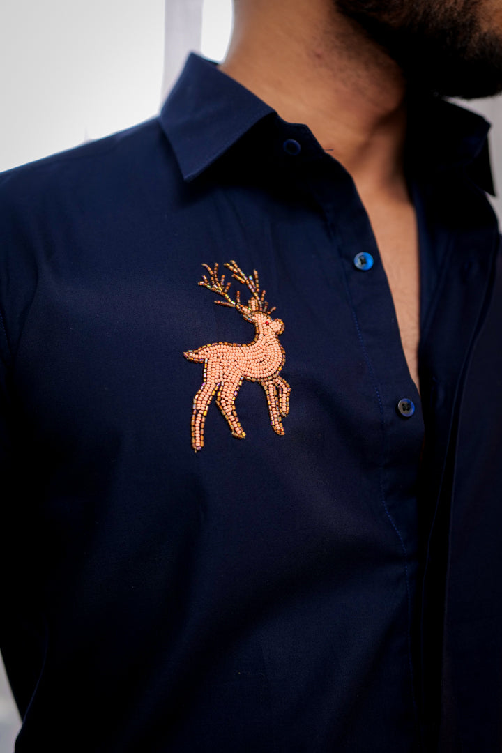 Blue Fallow Deer Embroidered Textured Designer Shirt
