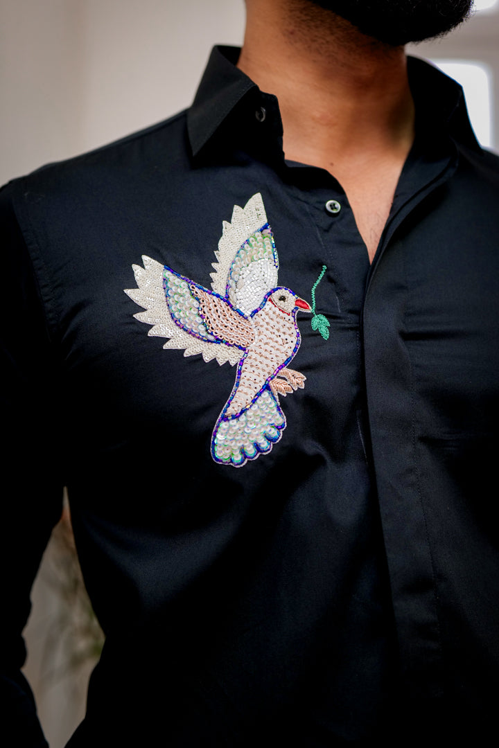 Almost Black Parrot Embroidered Textured Designer Shirt