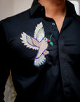 Almost Black Parrot Embroidered Textured Designer Shirt