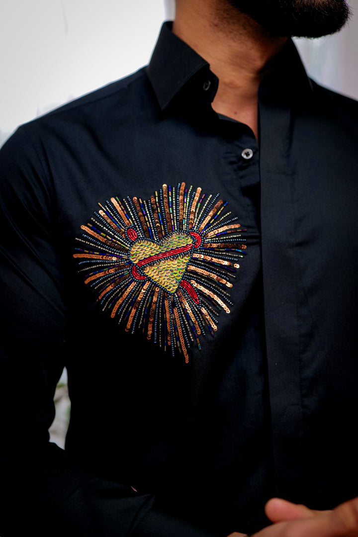 Black Color Heart Embroidered Textured Designer Shirt