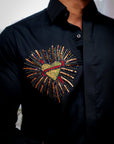 Black Color Heart Embroidered Textured Designer Shirt