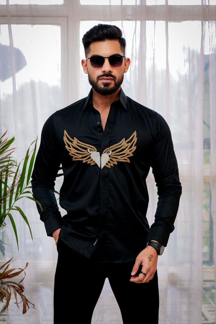 Diesel Black Heart Wings Embroidered Textured Designer Shirt