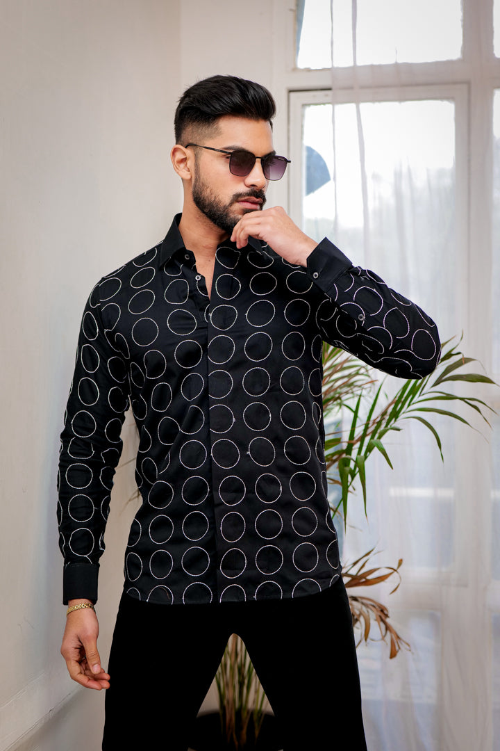 Ink Black  And White  Circle Embroidered Textured  Designer Shirt