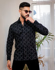 Ink Black  And White  Circle Embroidered Textured  Designer Shirt