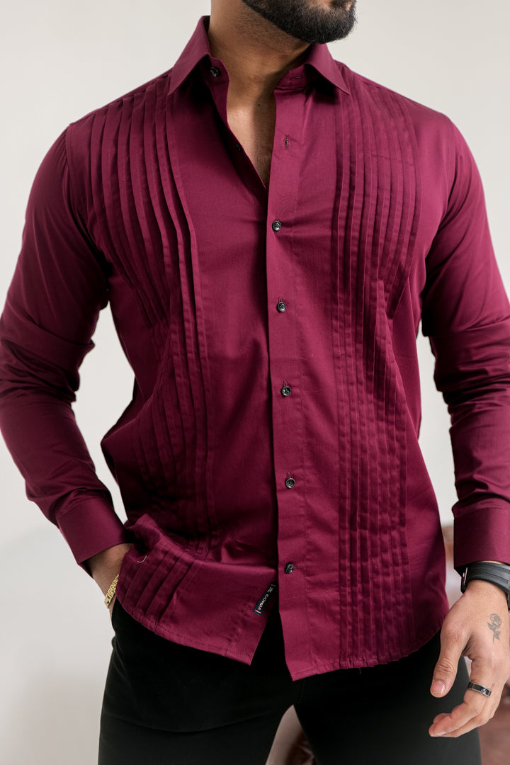 Velvet Maroon Pleated Abstract Premium Designer Shirt