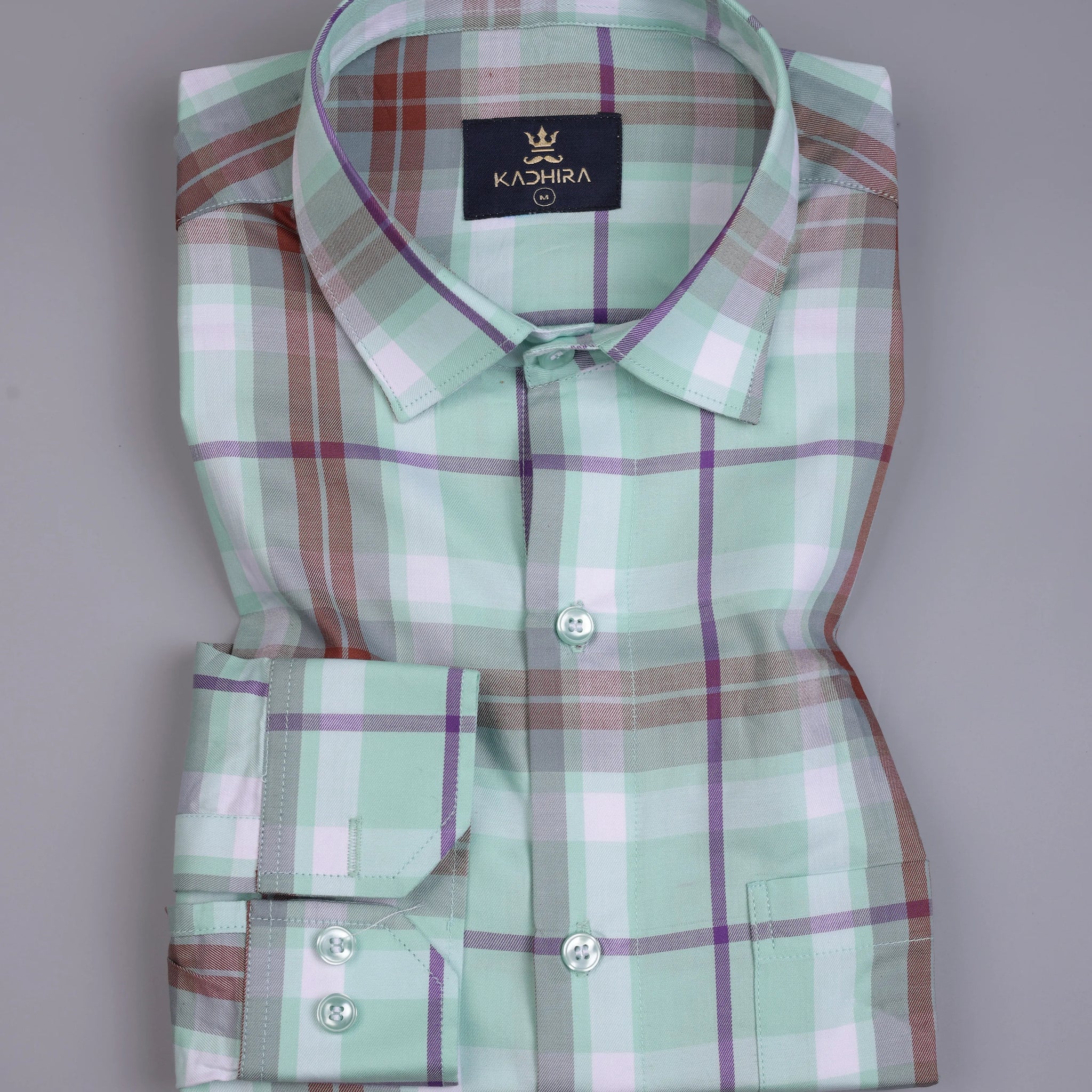 Light Cyan With Multi-colored Plaid Patterns Premium Giza Cotton Shirt