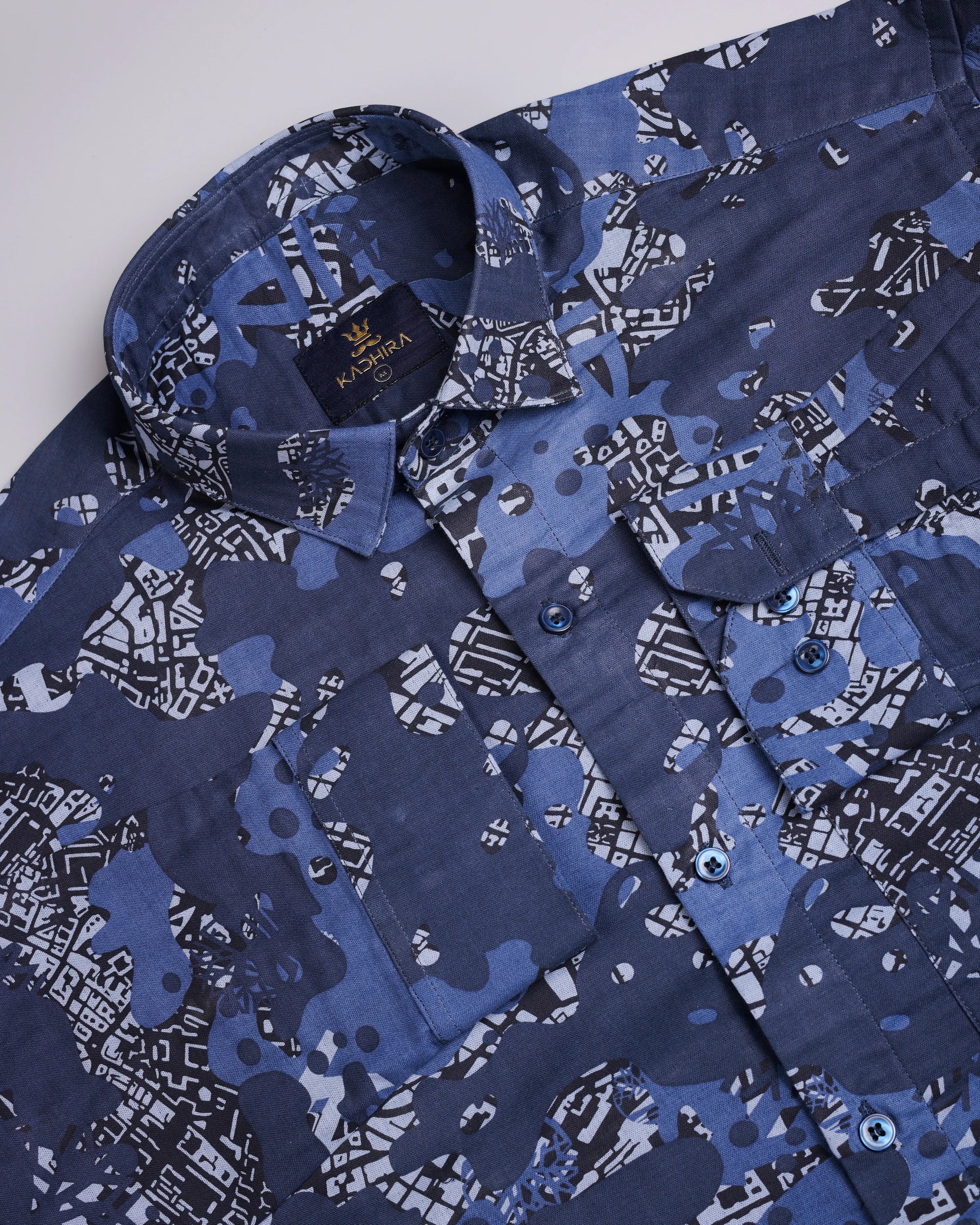 Denim Blue With Navy Blue Printed Premium Cotton Shirt