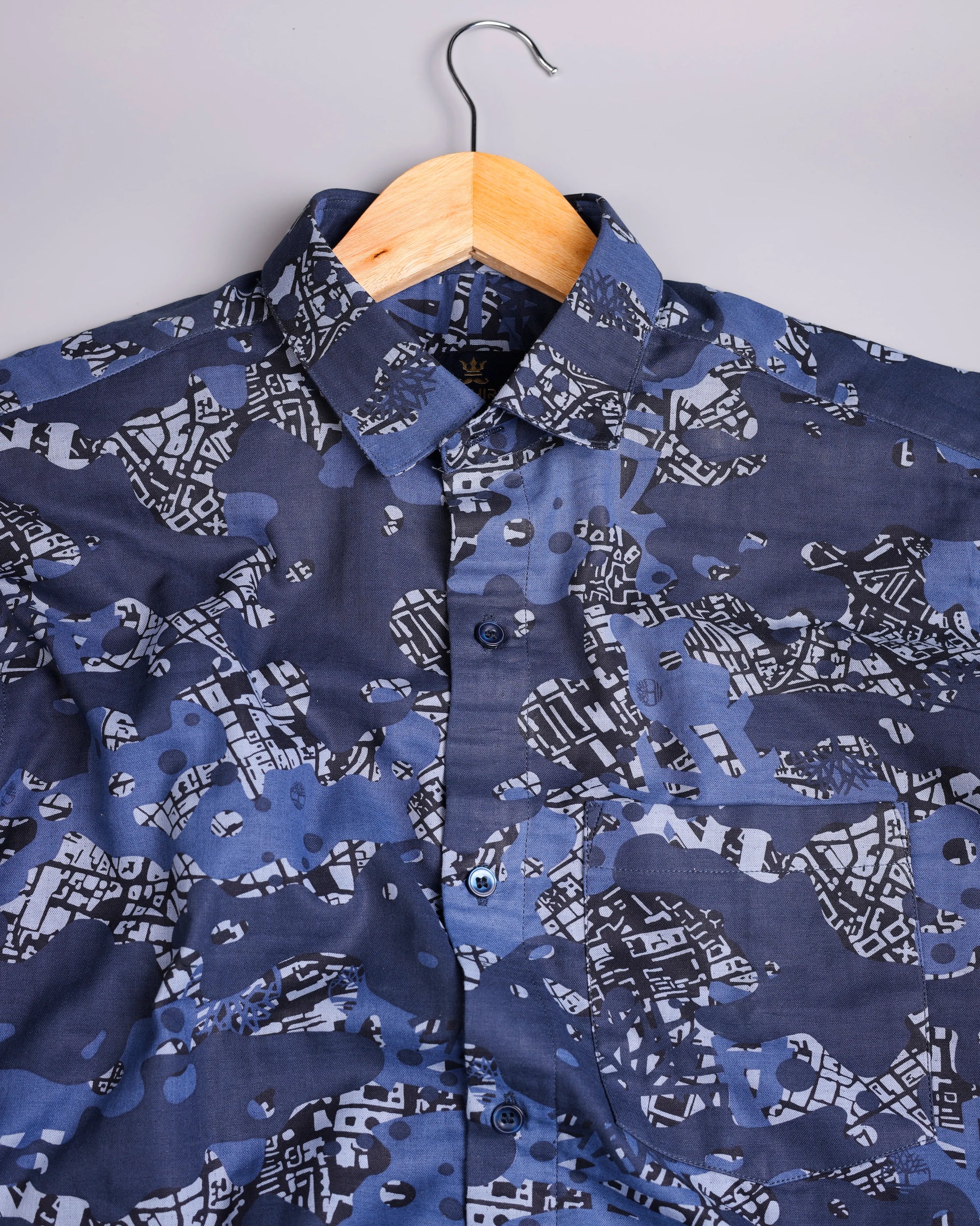 Denim Blue With Navy Blue Printed Premium Cotton Shirt