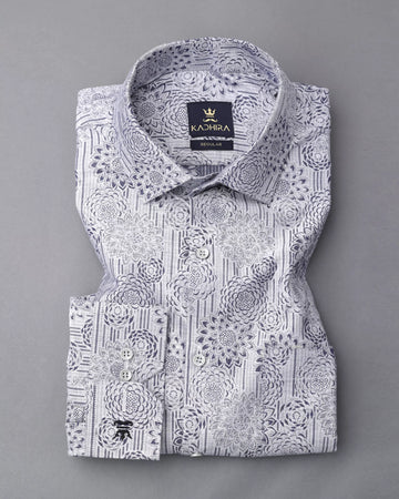 Cloudy Grey Flower Printed Dobby Textured Premium Giza Cotton Shirt