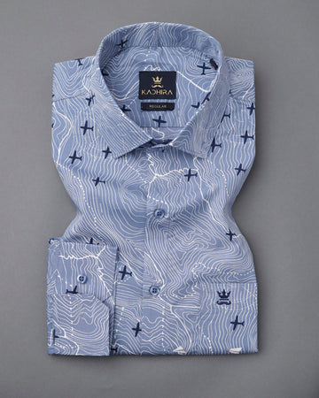 Sky Blue Aroplane Design Printed Premium Giza Cotton Shirt