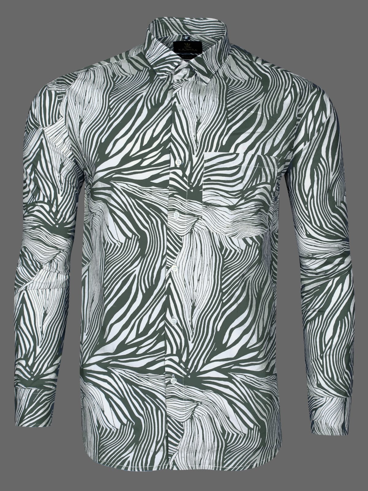 White -Khaki Wavy Striped Pattern Printed Cotton Shirt-[ON SALE]